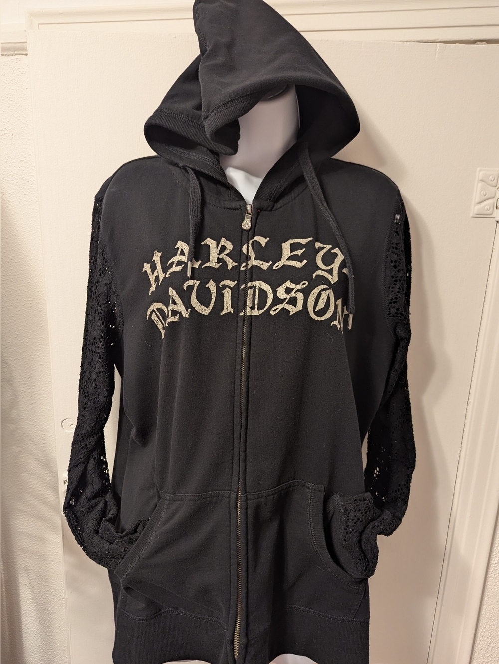 Women's Harley Davidson Hoodie Hooded Full Zip  Sz 2XL Lace Sleeve Graphics F&B